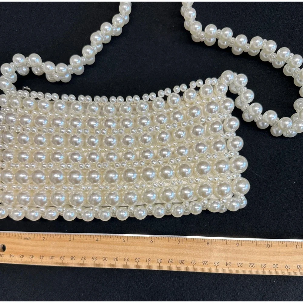 Vintage Style Ivory Faux Pearl Beaded Baguette Shoulder Bag Evening Purse